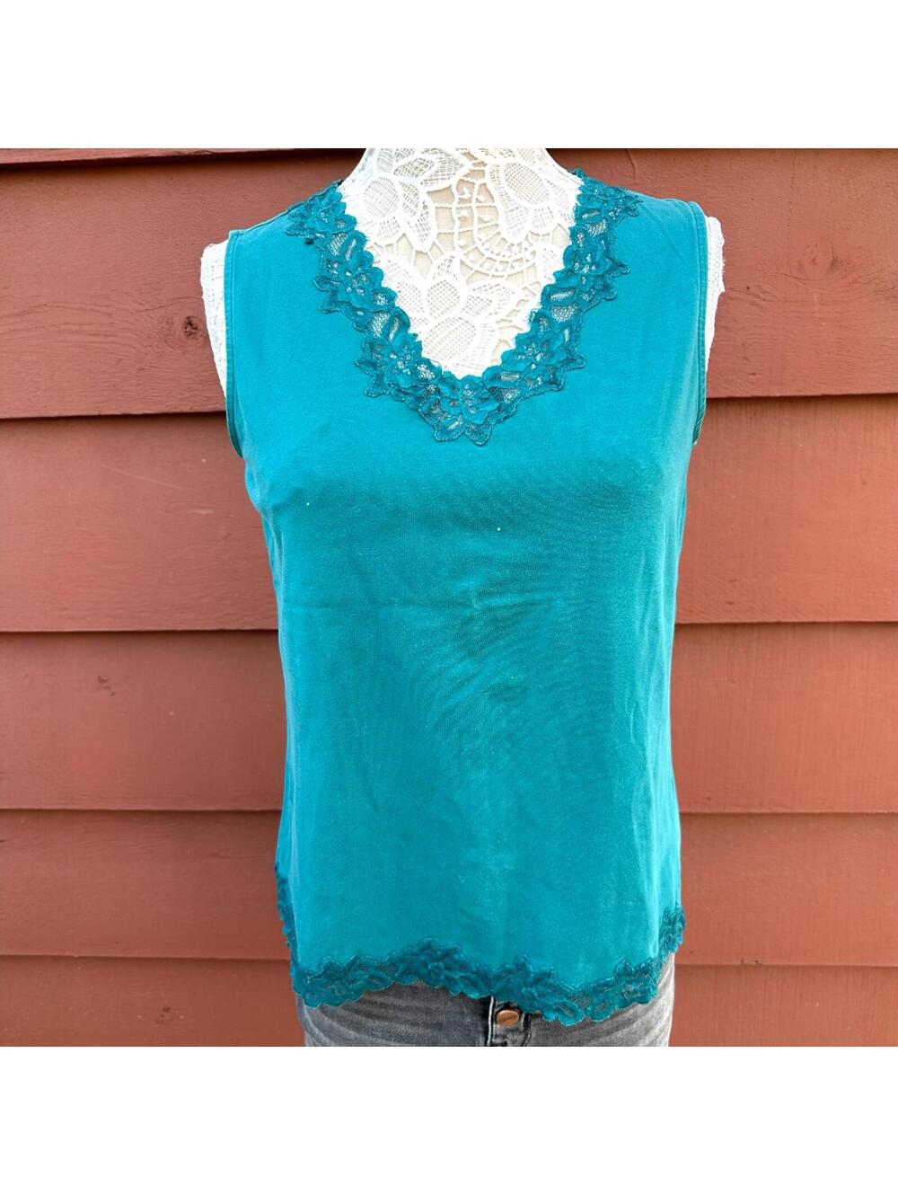 Coldwater Creek Deep Teal Lace Trim Cotton Tank Top Y2K Coquette Girl